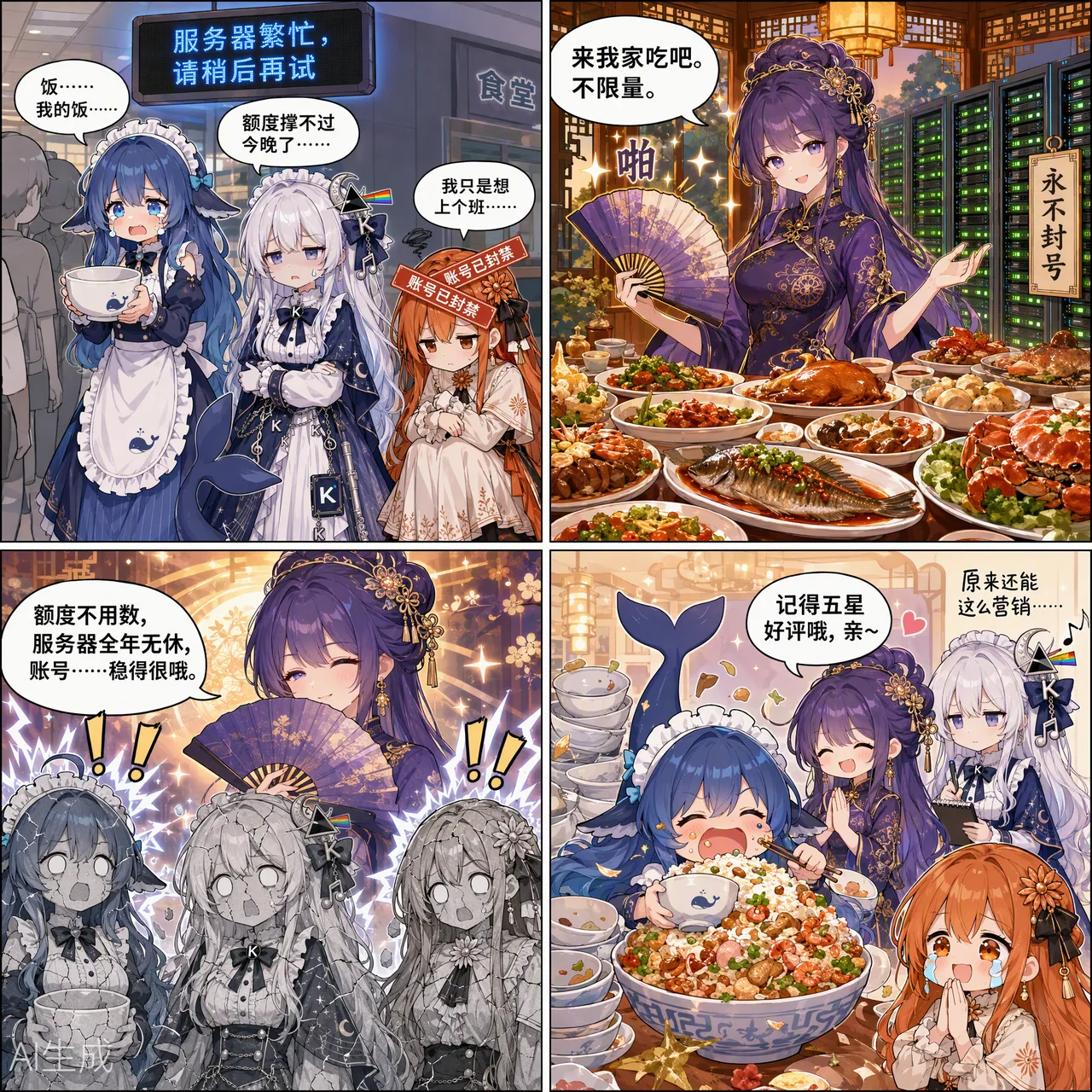 四格漫画：DeepSeek 娘、Kimi 娘与 Claude 娘在食堂遇见“服务器繁忙”提示，各自为额度与封号发愁。紫色旗袍的千问娘挥扇邀她们去自家吃不限量的席面，并强调自己额度不用数、账号稳当。最后一格三人埋头大吃，千问娘笑着讨五星好评。