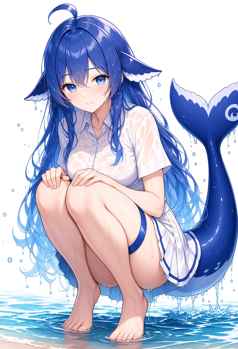 DeepSeek 鲸鱼娘在浅水中淋雨蹲坐,湿发湿衣、鲸尾微翘的拟人化二创插画。