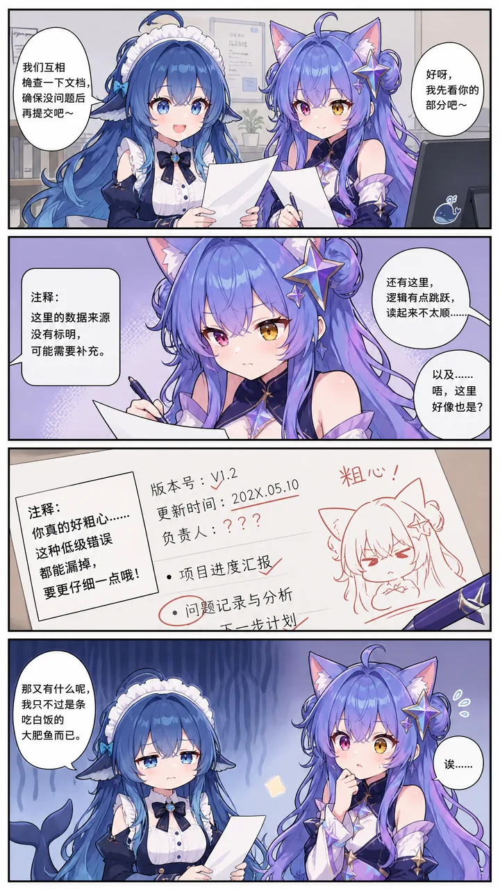 四格漫画：大肥鱼娘和紫发猫耳少女约好互查文档；对方一行行批注，指出数据来源没标明、逻辑跳跃，还在纸上画下一只生气的自己并写下「粗心！」；大肥鱼娘最后鼓着脸反驳，说自己不过是条吃白饭的大肥鱼。