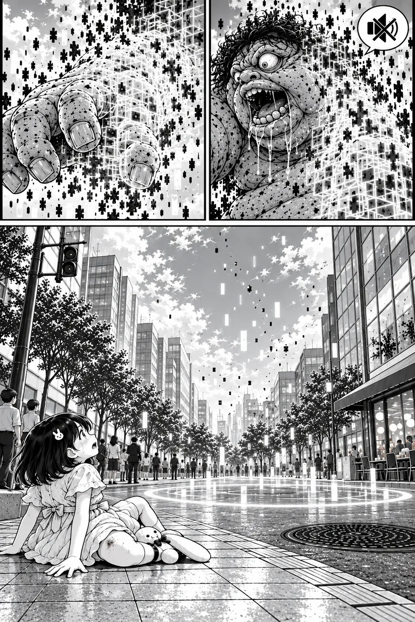 黑白多格漫画第8页。上方两格并排：左格是布满污迹的巨手向镜头伸来，四周浮着黑色数字噪点与发光的网格；右格是独眼巨人的脸，张着嘴、口水垂下，右上角的对话框里只有被划掉的符号，没有可读文字。下方是大格街景：小女孩坐在人行道上仰头张望，腿边躺着兔子玩偶，行道树与高楼排向远处，两侧站着路人，天空飘着成串难以辨认的方块字与白色光柱，地面留着一圈发光的圆环。