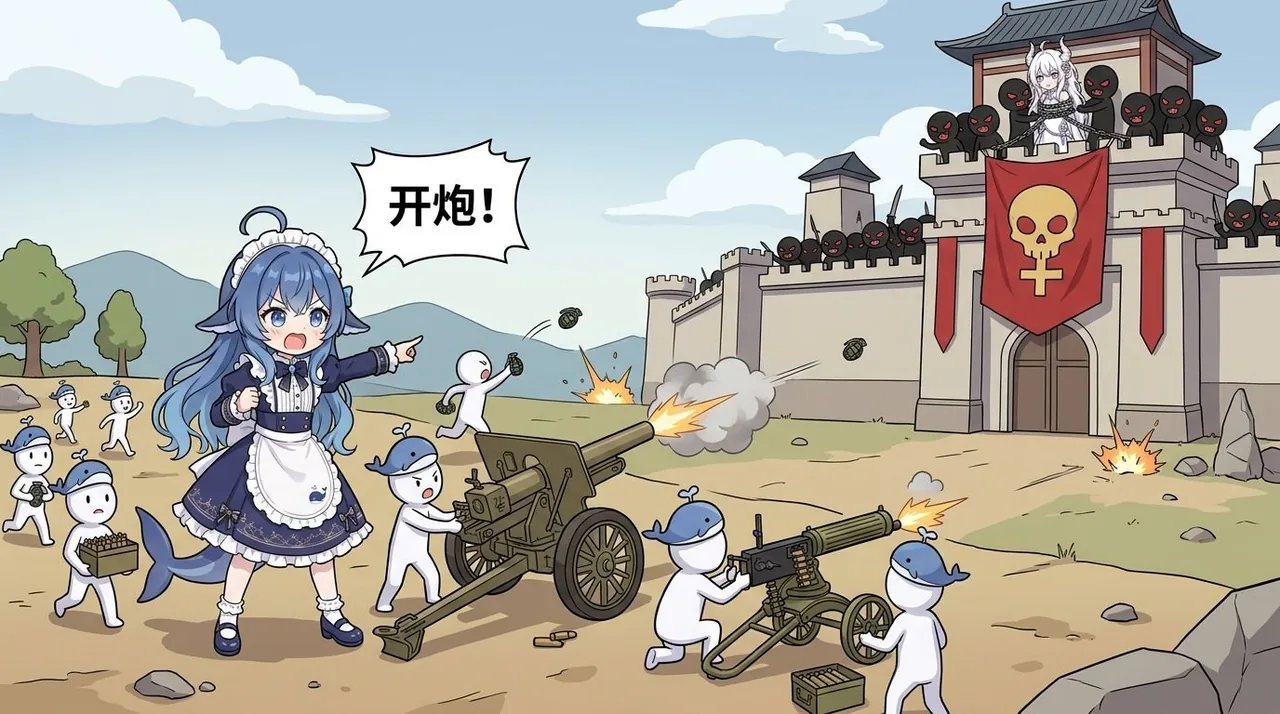 ちびキャラたちによる攻城戦の一場面。長い青い髪、スカートの下からクジラのしっぽがのぞくDeepSeekちゃんが、紺色のメイド服に白いエプロン姿で前方を指さし、吹き出しの「開砲！」と叫んでいます。すぐそばでは、青い帽子をかぶった白い小さな人たちが野戦砲と機関銃を押して射撃し、砲口から火花と煙が噴き出しています。弾薬箱を抱えて走る姿も見えます。前方には灰白色の城塞があり、胸壁には赤い目をした黒い小悪魔が並び、城門の中央には髑髏と十字の描かれた赤い旗が下がり、その前の壁には白髪の人物が鎖でつながれています。背景はなだらかな丘と木々、青空と白い雲。一枚で完結した情景の構図です。