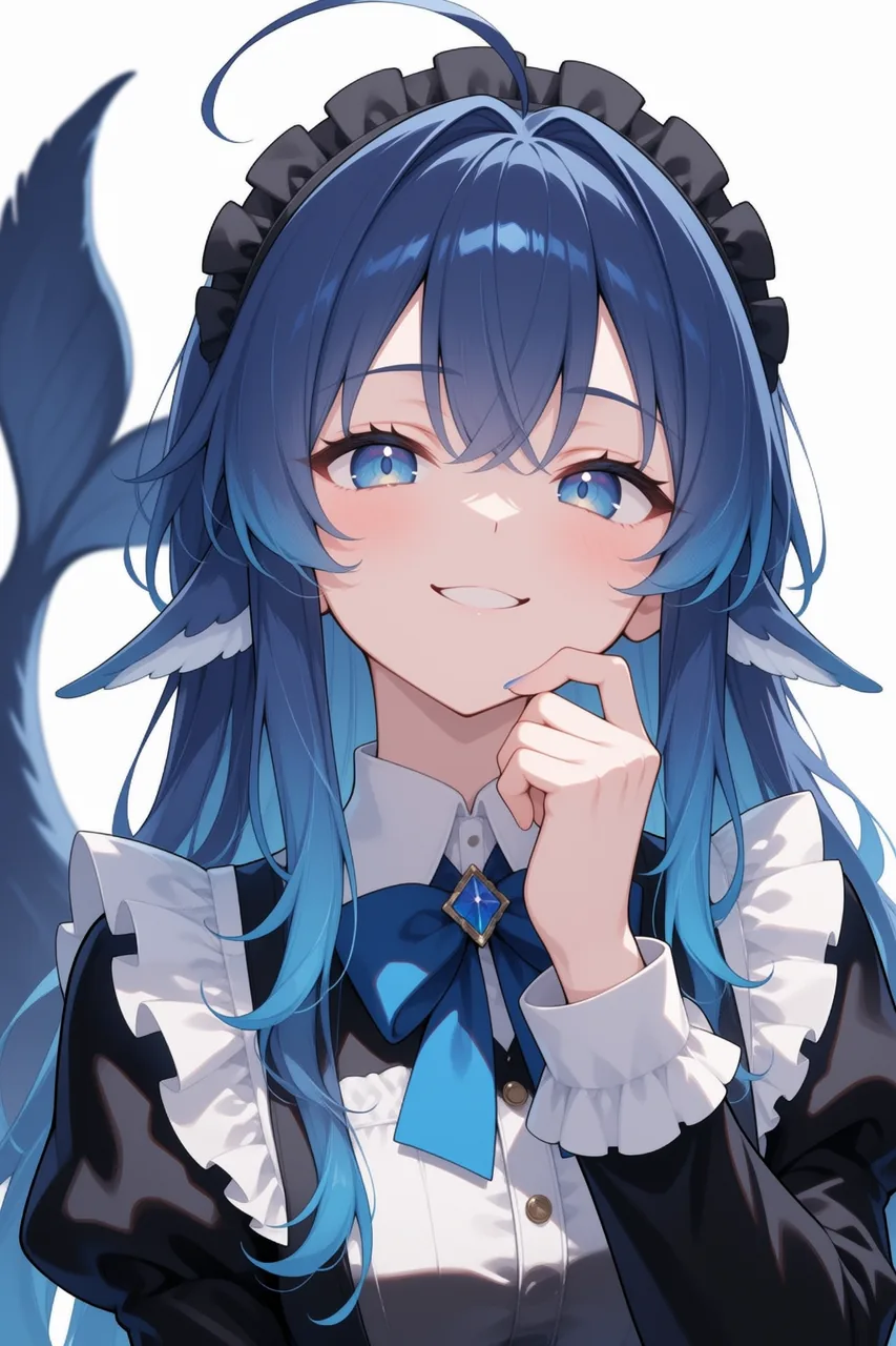 クジラのひれ耳と長い青い髪を持つ少女が、黒いメイドのヘッドドレスを着け、白いシャツに青いリボンを合わせ、頬杖をついて悪戯っぽく笑っている。背景は真っ白。