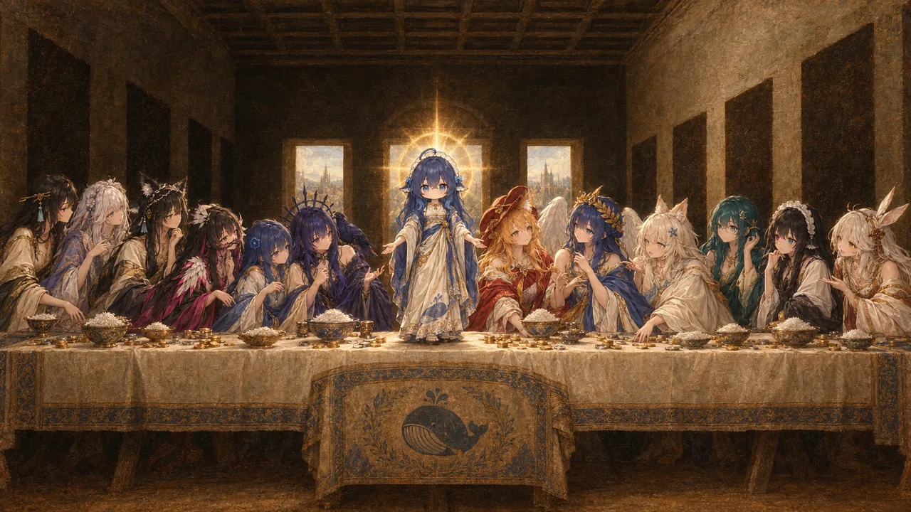 用《最后的晚餐》构图重绘的 AI 娘群像，DeepSeek娘背着光环立于长桌中央张开双手，两侧同伴分坐同席，桌上摆满盛着白米饭的金碗和金币，桌布正面印着鲸鱼纹章。