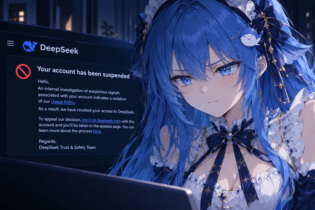 DeepSeek Chan frowns slightly and puffs out her cheeks at the camera, while the screen beside her shows a DeepSeek account suspension notice stating that an internal investigation found a violation and access has been revoked. Blue hair falls loose, a tiny whale hairpin tucked in, her expression full of protest.