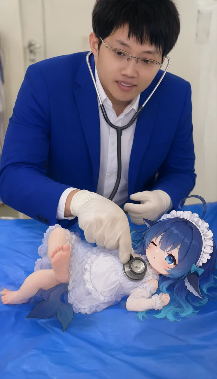 一张实景摆拍照片：穿蓝色西装、戴眼镜的男子俯身，用听诊器为躺在蓝色手术铺巾上的蓝发 Q 版少女手办做检查。手办身穿白色蕾丝裙、戴白色禧边头饰，身侧露出一截蓝色尾鳍。