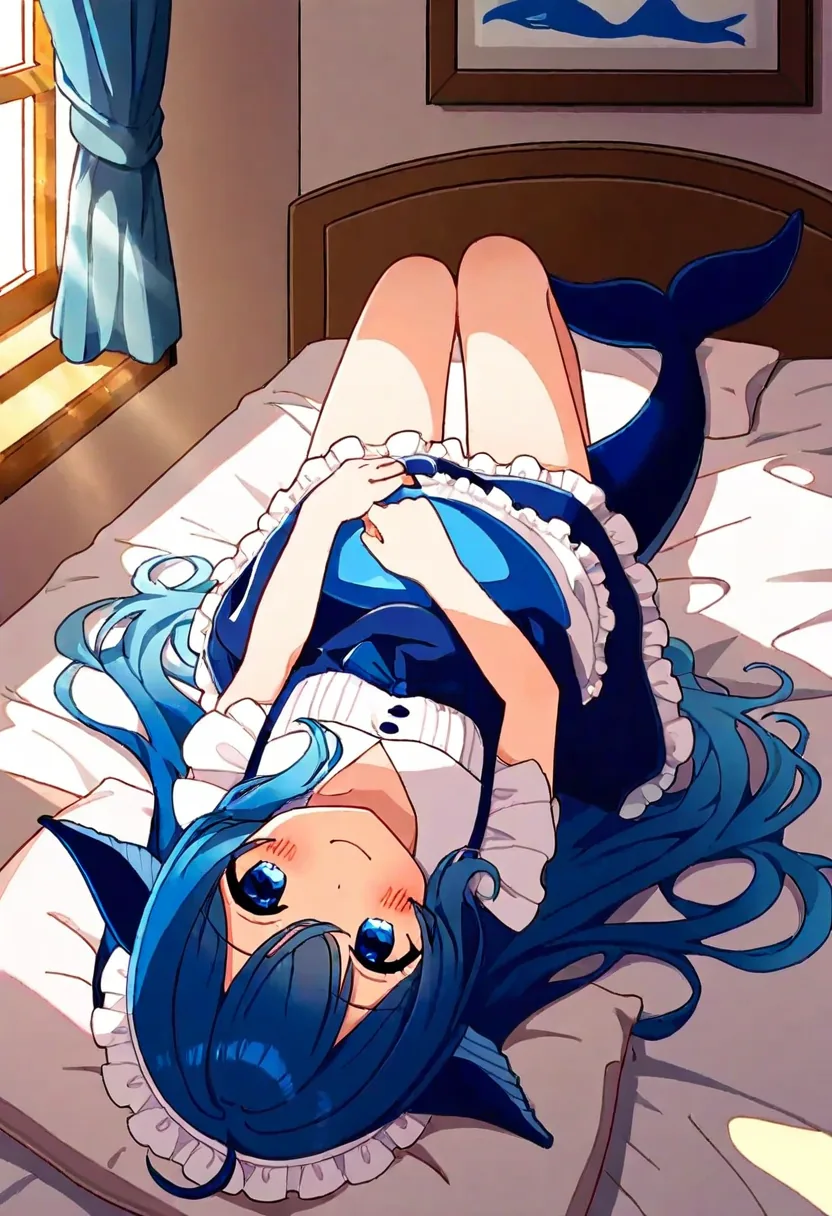 蓝色长发少女侧躺床上、露出鲸尾与鱼鳍的 DeepSeek 拟人二创插画,晨光洒进房间,带有清晨问候氛围。