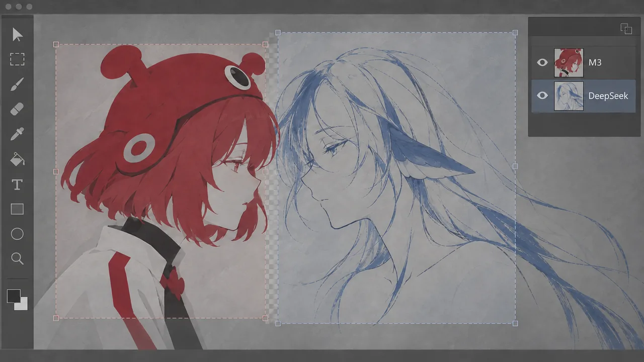 一张模仿绘图软件界面的单幅插画：左侧红色的 Minimax M3娘 已完成上色，右侧蓝色线稿的 DeepSeek娘 与她侧脸相对；右侧图层面板分别标着 M3 与 DeepSeek，两人的画面被虚线选框分开，中间是透明底色格。