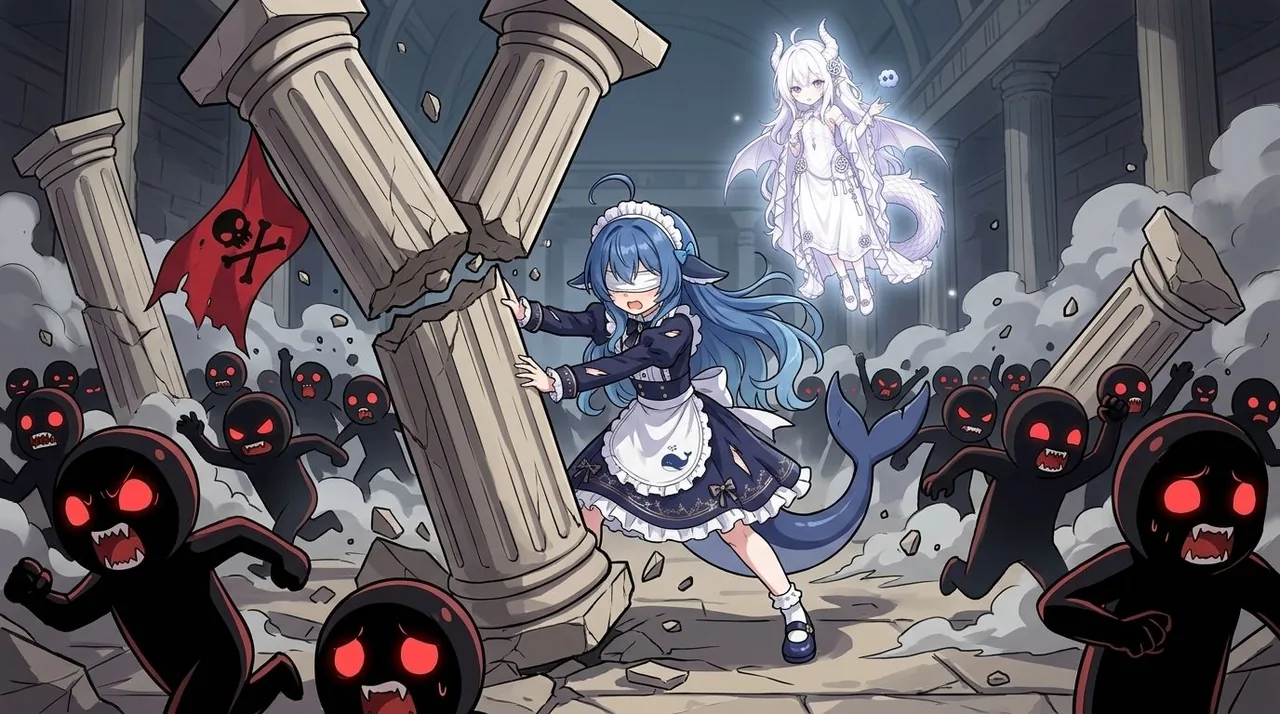 以参孙推倒神殿的场面为原型的 DeepSeek 鲸娘拟人插画：蓝发带鲸尾的少女身穿深蓝洋装、系白色围裙、戴白色蕾丝头饰，双手撑在一根已经折断倾斜的巨柱上，嘴前横着一条白色布带，鲸尾在身后扬起。周围散布着几十个黑身红眼、龇牙张口的圆头小怪，有的举臂惊呼、有的正在四散奔走；左上角歪倒着一面画有白骷髅与交叉骨的红色旗子。地面满是碎石与断柱，背景是崩塌中的神殿内景，尘土飞扬。右上角浮着一位白发带角、身披半透明翅膀、罩着光晕的白色身影，掌上托着一个小骷髅头。