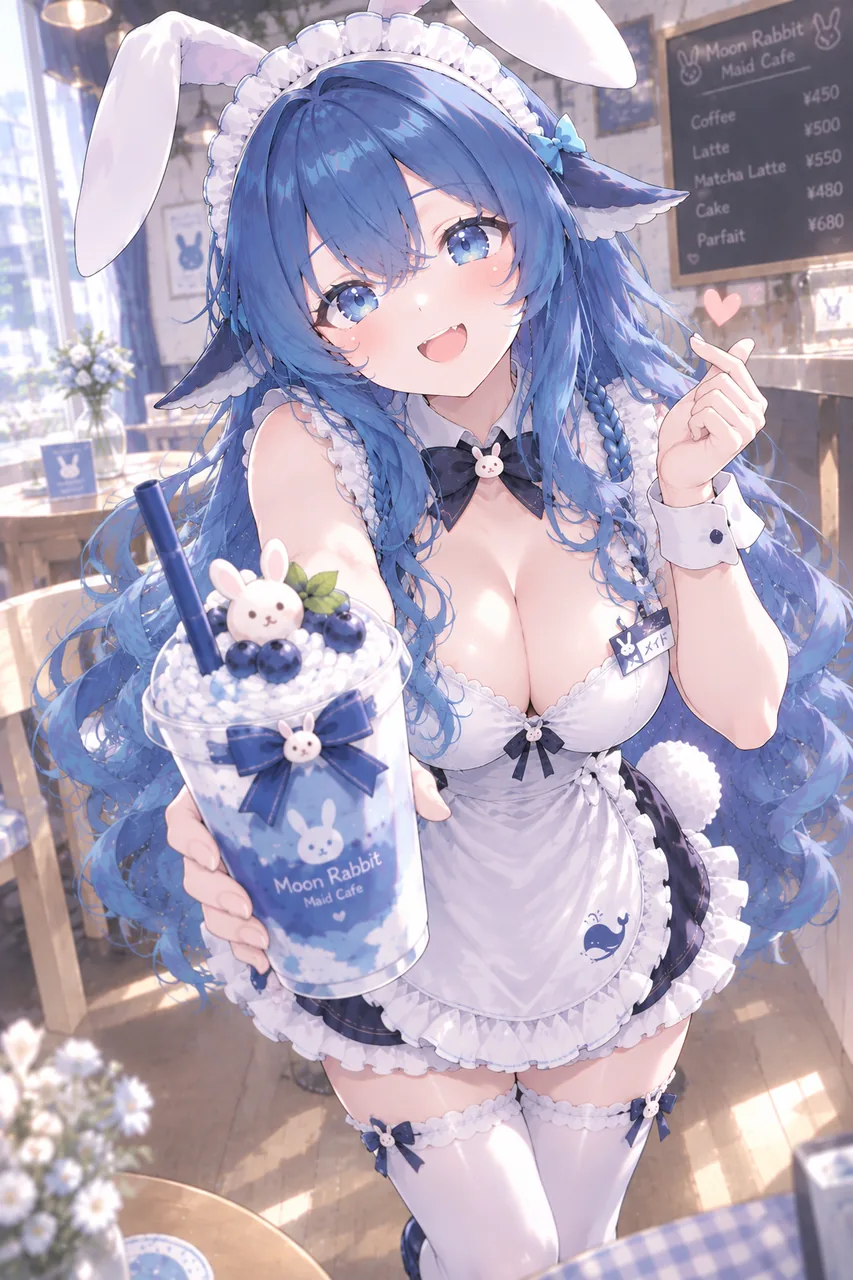 DeepSeek 蓝鲸拟人娘化身兔耳女仆,在 Moon Rabbit Maid Cafe 端出插着小兔与蓝莓的蓝白冰饮。