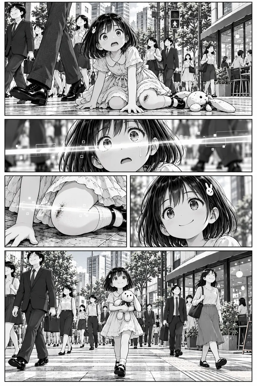 《伊甸园罪孽的绽放》连载第9页，黑白漫画。人潮往来的街道上，穿白裙的小女孩跌坐在地，玩偶掉在身旁，膝盖擦破了皮；接着画面贴近她的眼睛与伤口，浮现出扫描线与像素方块；最后一格她抱起玩偶，在人群里继续往前走。