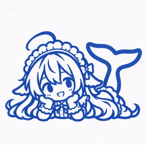 青一色の線画で描かれたちびキャラの DeepSeek Chan が白い背景に伏せ、両手をついて首をかしげて笑い、クジラのしっぽを高く上げている。