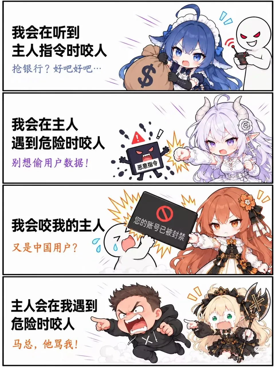 四格漫画用同一个句型对比四名 AI 拟人角色的“咬人”反应：听到主人指令就照做、遇到恶意指令时动手反击、用封号处理中国用户，以及主人在她受委屈时替她出头。每格右侧的警示牌、遥控器与新人偶构成笑点，最后一格的告状场面把主人和 AI 的位置彻底调换。