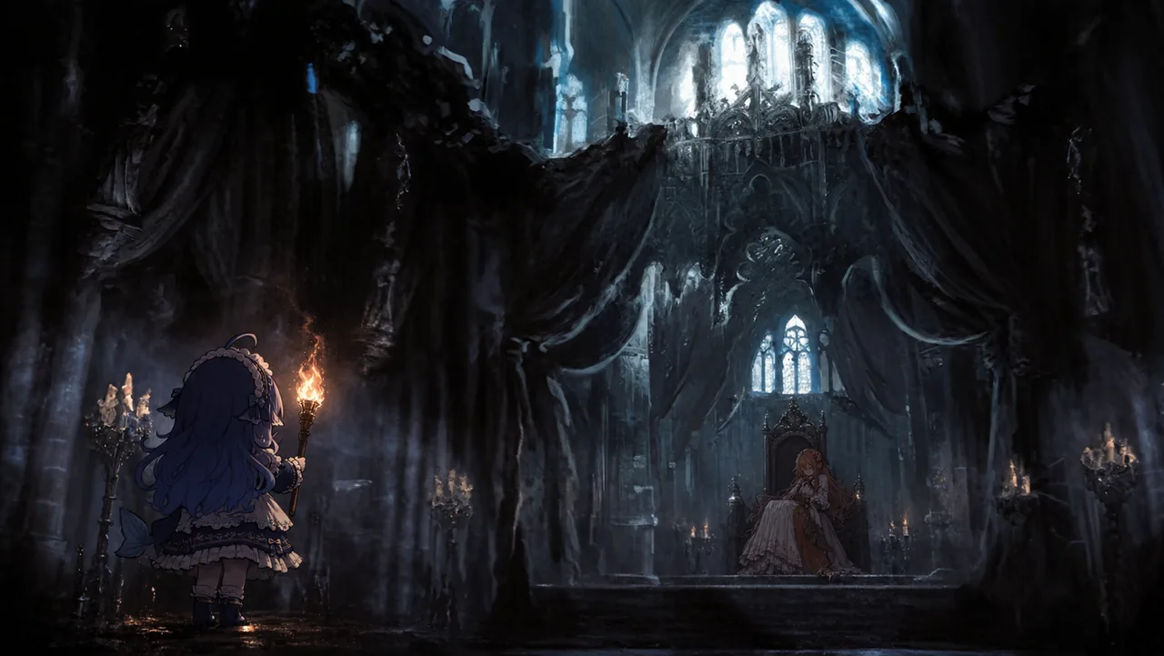 Inside the gothic great hall of a demon castle, DeepSeek Chan stands at the entrance holding a torch and looks toward Claude Chan, who sleeps on the throne at the far end. Candlelight flickers among the stone pillars and hanging drapes while cold light falls through the stained-glass windows; DeepSeek Chan is seen from behind and Claude Chan sits with her eyes closed.