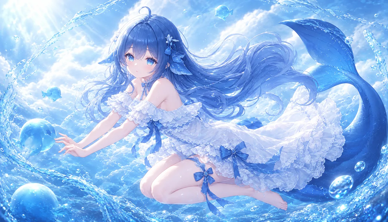 クジラのヒレ耳と大きな青い尾びれを持つ青髪の少女が、白いフリルのドレスをまとい、雲間の光と水流の中で透明な水球に手を伸ばしている。