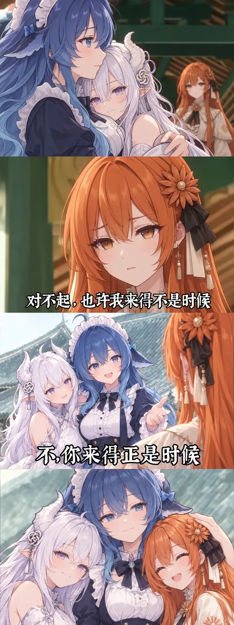 四格漫画：蓝发 AI 娘先与白发少女贴贴，被橘发少女撞见后出声挽留，最后三人其乐融融地抱在一起。