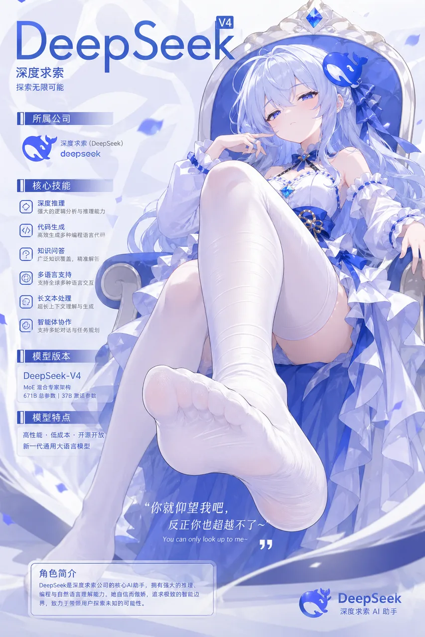 DeepSeek 拟人化少女角色设定海报，配以 V4 模型档案与「你只能仰望我」的傲娇台词。