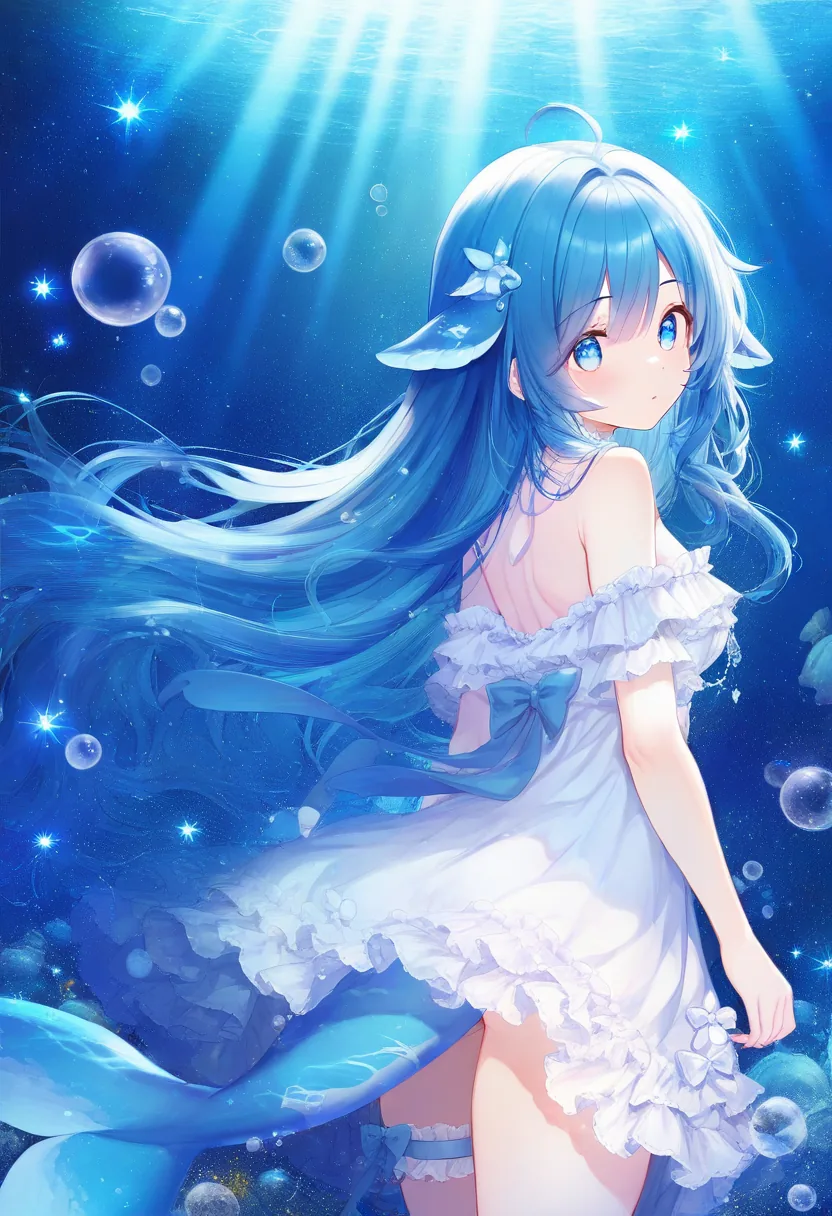 蓝发蓝瞳的拟人少女置身幽蓝海底,鳍状耳饰与鱼尾暗示深海鱼设定,回眸望向镜头。