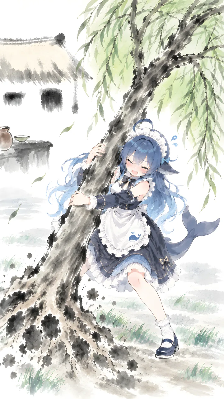 水墨風の一枚絵で、紺色のメイド服を着たDeepSeekちゃんが柳の幹にしがみつき、根こそぎ抜こうと力を込めている。足元では土が飛び散っている。