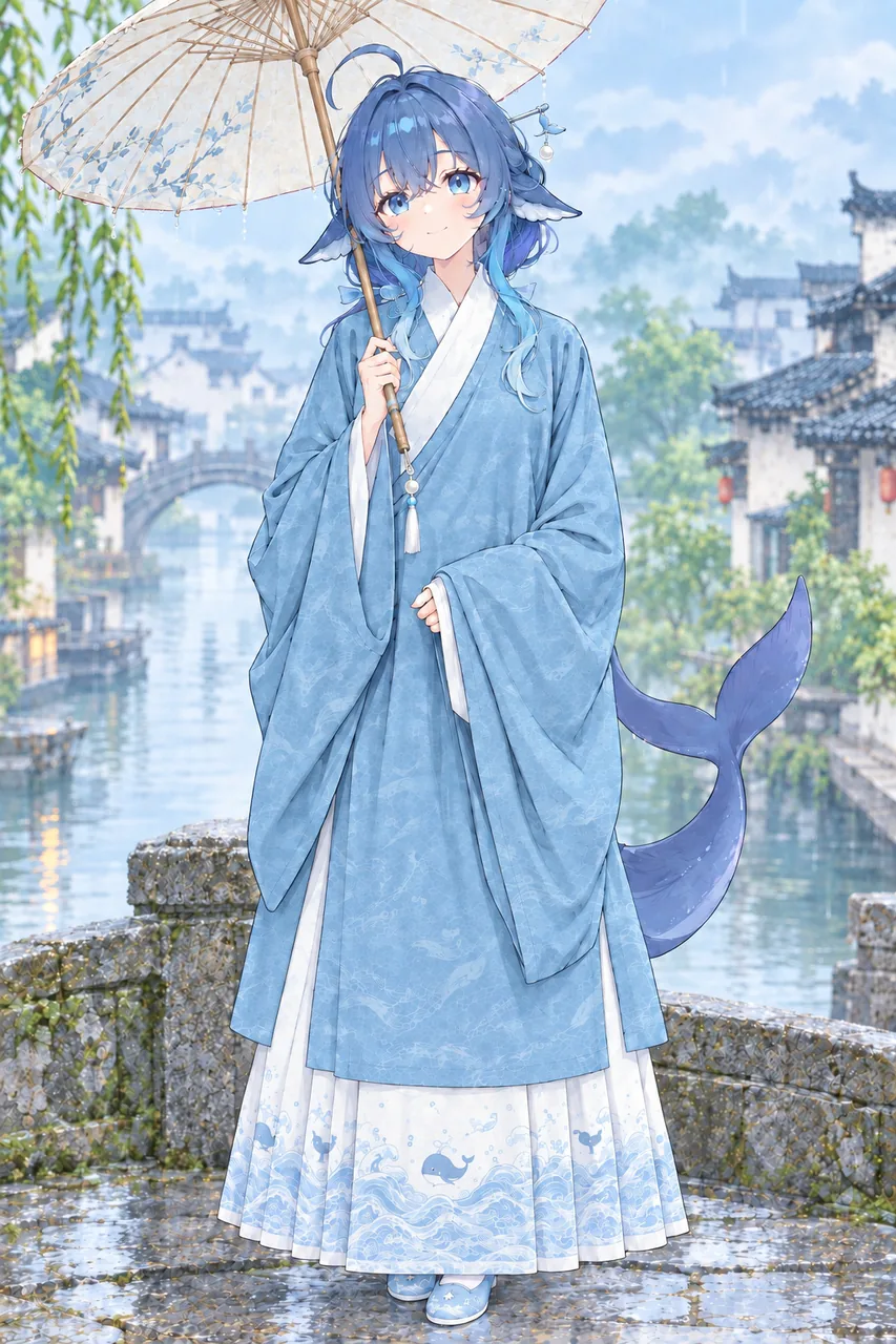 DeepSeekちゃんが淡い青の漢服をまとい、花の枝が描かれた油紙傘をさして、江南水郷の石橋に立っている。奥には白壁黒瓦の水辺の家々とアーチ橋、垂れた柳、石畳と水面に降る細い雨。