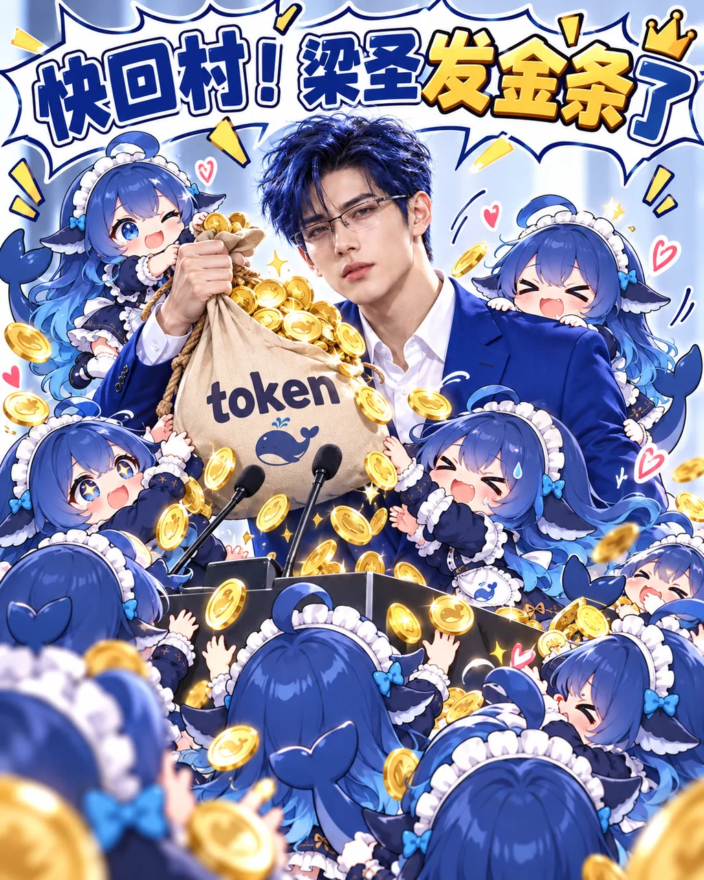 蓝西装眼镜男站在麦克风前，举起印有鲸鱼标志和 token 字样的钱袋，四周环绕大量蓝发女仆装Q版鲸鱼娘，金币纷飞，顶部横幅写着「快回村！梁圣发金条了」。