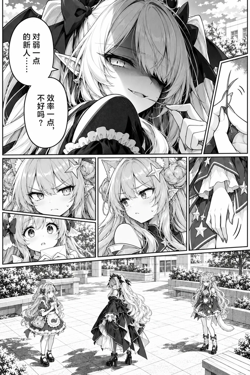 黑白多格漫画页。上半页是黑裙尖耳少女的脸部特写，气泡里说“对弱一点的新人……”与“效率一点，不好吗？”；中段并排三格是猫耳星饰的 Grok 不服气的表情与 DeepSeek 娘挣着信封的神情；下半页远景里三人站在学园的铺石广场上。