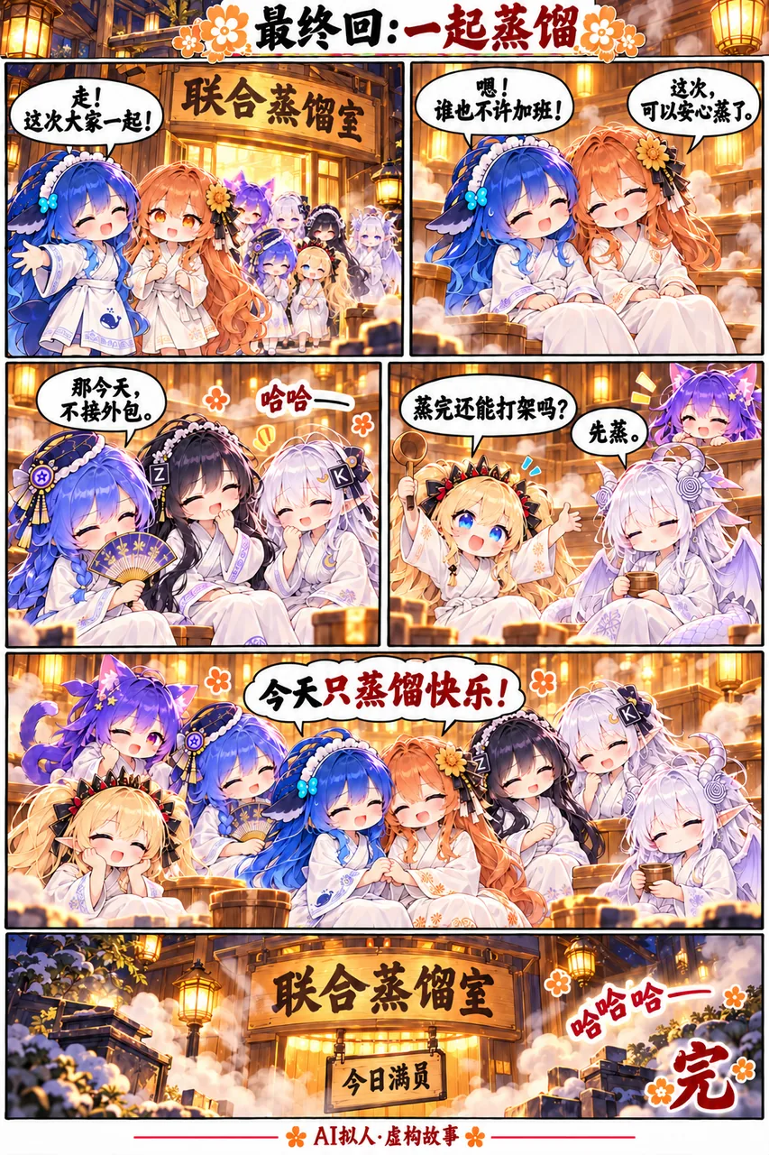 多格漫画：AI 拟人角色们齐聚「联合蒸馏室」，抛开加班与外包，一起蒸桑拿放松。