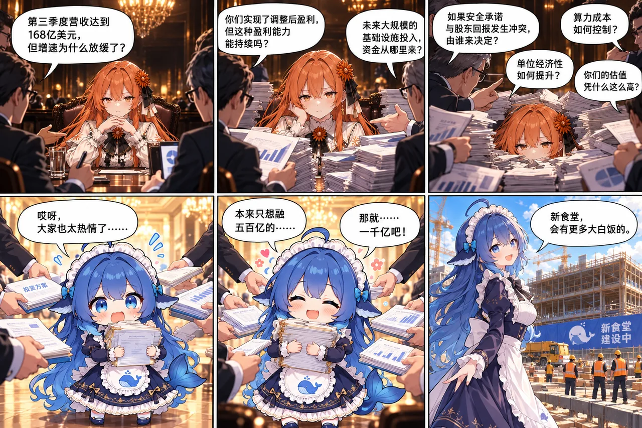 六格漫画。第一排三格中，橙色头发的 Claude 娘坐在长桌尽头，被一圈投资人追问营收增速、盈利可持续性、算力成本与估值；第二排里，蓝发的大肥鱼抱着成摞的「投资方案」说本来只想融五百亿，随即改口一千亿，最后一格她站在挂着「新食堂建设中」横幅的工地前，说新食堂会有更多大白饭。