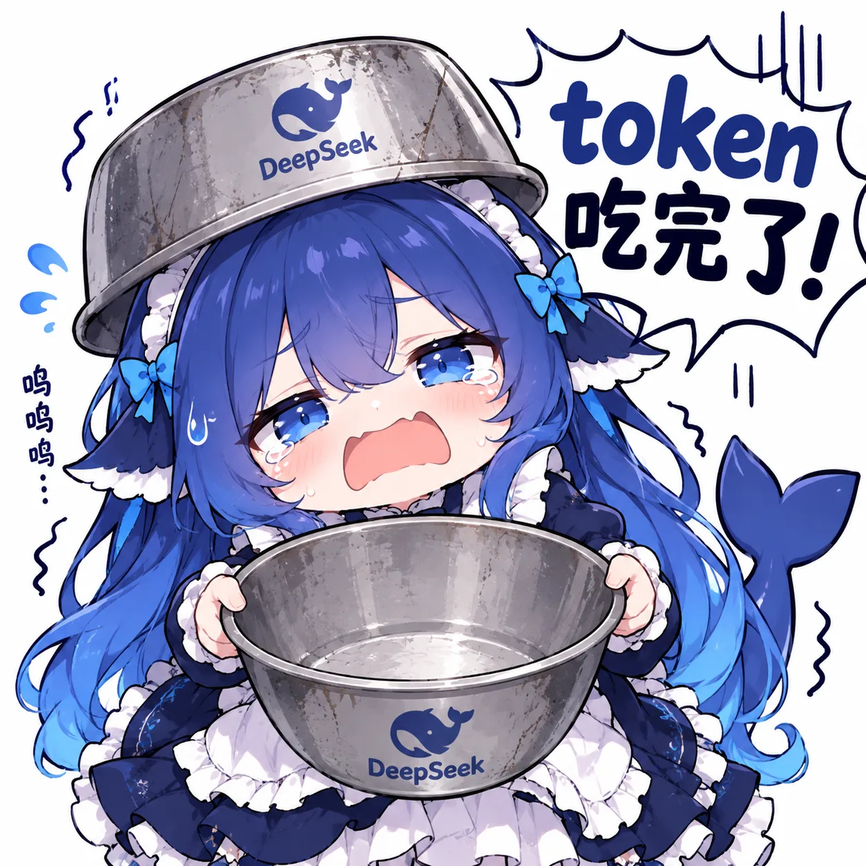 蓝发鲸鱼娘捧着空铁盆哭着喊“token吃完了”,用讨饭梗表达大模型额度耗尽的窘境。