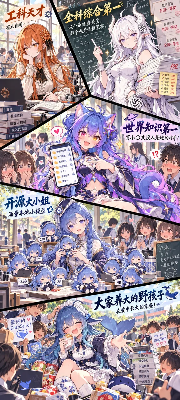 竖排五格漫画，每格一位角色配一句刻板印象标语。第一格红发戴黎花饰的角色坐在电脑前，手边的书写着算法、数据结构、机器人控制、嵌入式系统与计算机视觉，标语是「工科天才 有点自闭…」；第二格白发角色在黑板前写积分与麦克斯韦方程组，怀抱着试卷，标语是「全科综合第一」，旁边贴着数学、物理、化学竞赛全国一等奖；第三格紫发猫耳角色举着手机，屏幕上是奇怪的知識、冷门课题、生物研究、社会观察、艺术创作等条目，标语是「世界知识第一」，周围的学生一脸惊讶；第四格蓝发角色身边排着一群戴发带的小小身影，依次标着 0.6B、1.7B、0.8B、2B、4B，标语是「开源大小姐 海量本地小模型」；第五格蓝发女仆装的大肥鱼坐在堆满礼物与零食的地方，身后的学生举着「最好的 DeepSeek」与「We love DeepSeek」的牌子，黑板上写着「开源 自由 更大的 AI 社区」，标语是「大家养大的野孩子 在爱中长大的笨蛋！」。