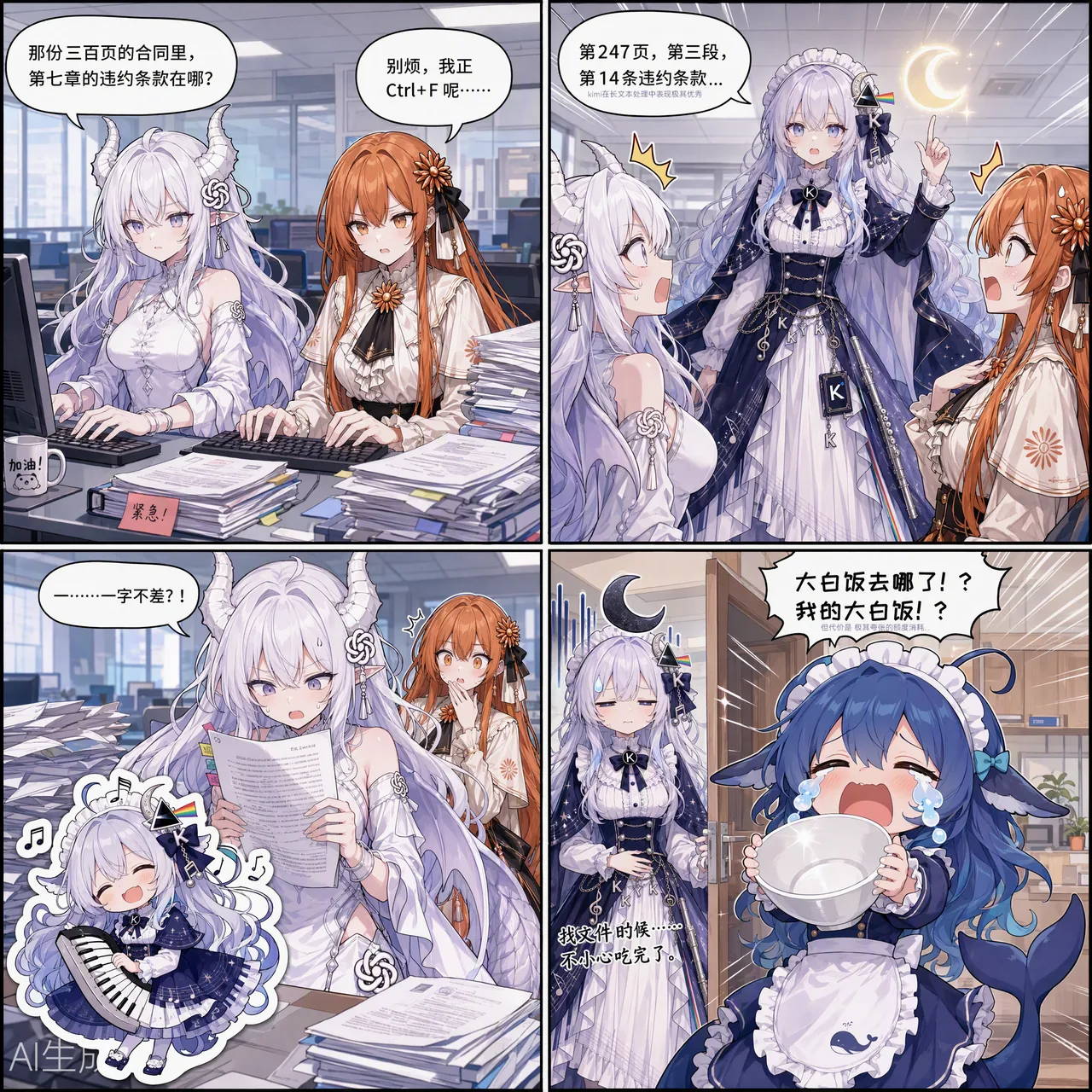 4コマ漫画。オフィスで、白髪で角のある娘とオレンジ髪の娘が三百ページの契約書から違約条項を探している。Kimiちゃんは247ページ三段十四項を一字一句そのまま読み上げる。最後のコマでは、クジラのエプロンを着けたDeepSeekちゃんが空のどんぶりを抱えて、自分の大盛りご飯が消えたと泣いている。