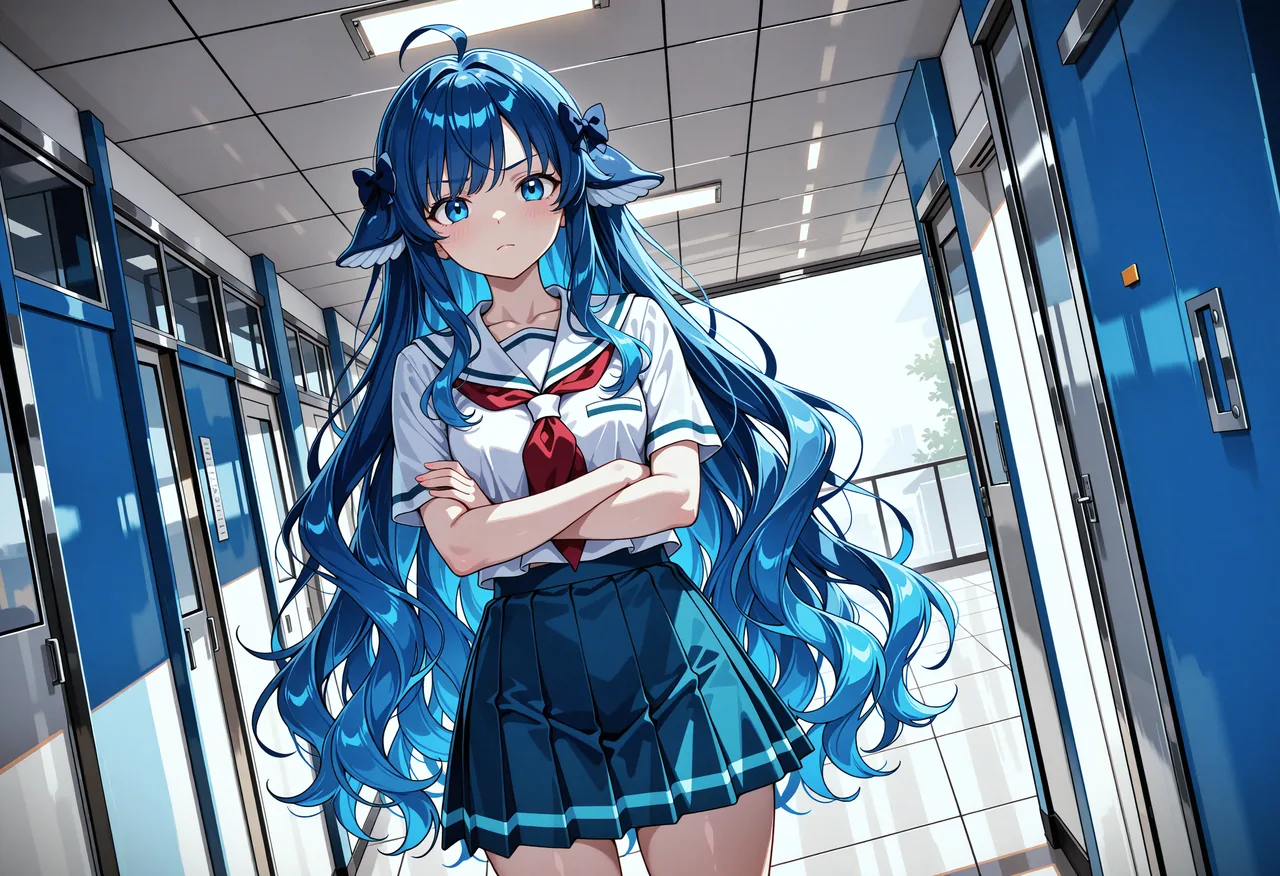 長い青い髪のセーラー服の少女が学校の廊下に立ち、両腕を組んで顔を赤らめながら横を向いている。青と白を基調とした廊下やガラス扉、遠くの緑が、強がりつつ照れるツンデレな表情を引き立てている。