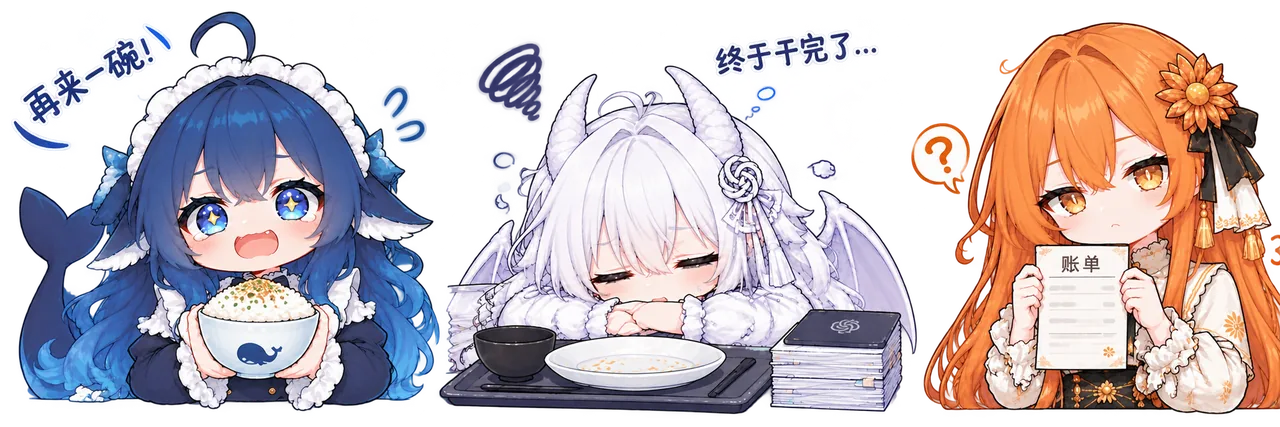 黑底单幅画面并排站着三位 Q 版 AI 娘：蓝色头发、带鲸鱼尾巴的 DeepSeek 娘捧着满满一碗饭，旁边写着「再来一碗」；白发的 GPT 娘趴在餐桌上，桌上叠着一摞书，配文「终于干完了」；橘色头发的 Claude 娘双手举着写有「账单」的纸，头顶冒出一个问号。作者自述：写了个网站，结果来了三个吃白饭的，Claude 输出了 0.3% 的 token 却吃了 8% 的饭。
