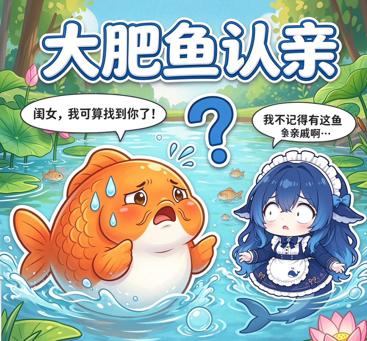 池塘里一只圆滚滚的橙色大金鱼浮出水面喊着找到闺女，穿女仆装的蓝发鲸鱼娘一脸懵地回望，中间飘着一个大大的蓝色问号。