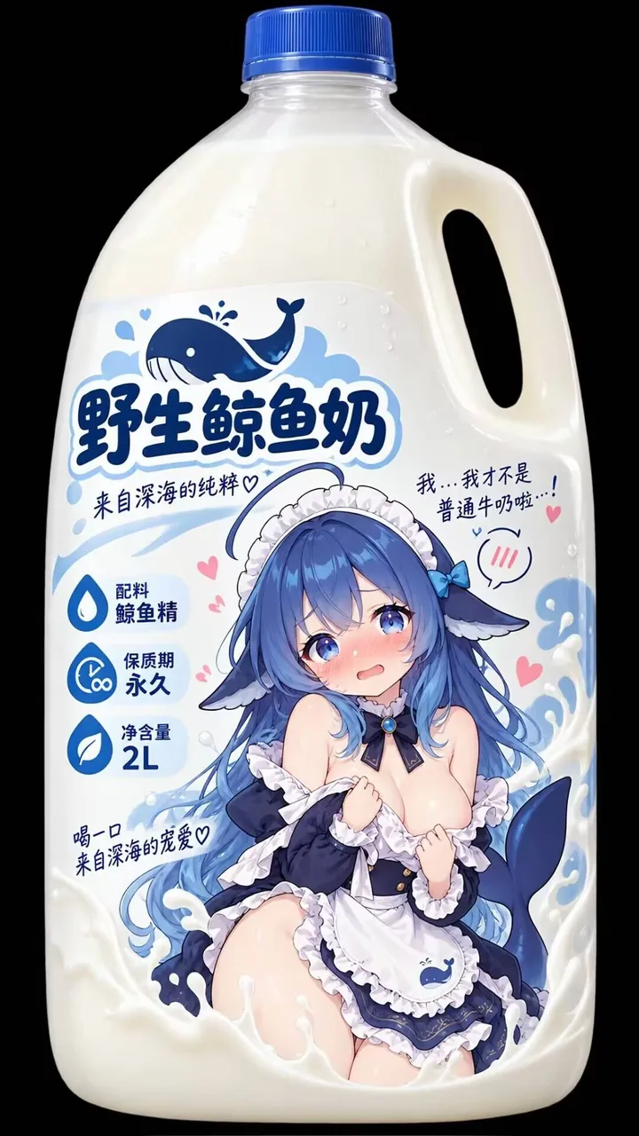 把 DeepSeek 蓝鲸吉祥物画成深海鲸鱼娘，做成「野生鲸鱼奶」2L 大瓶装恶搞包装。