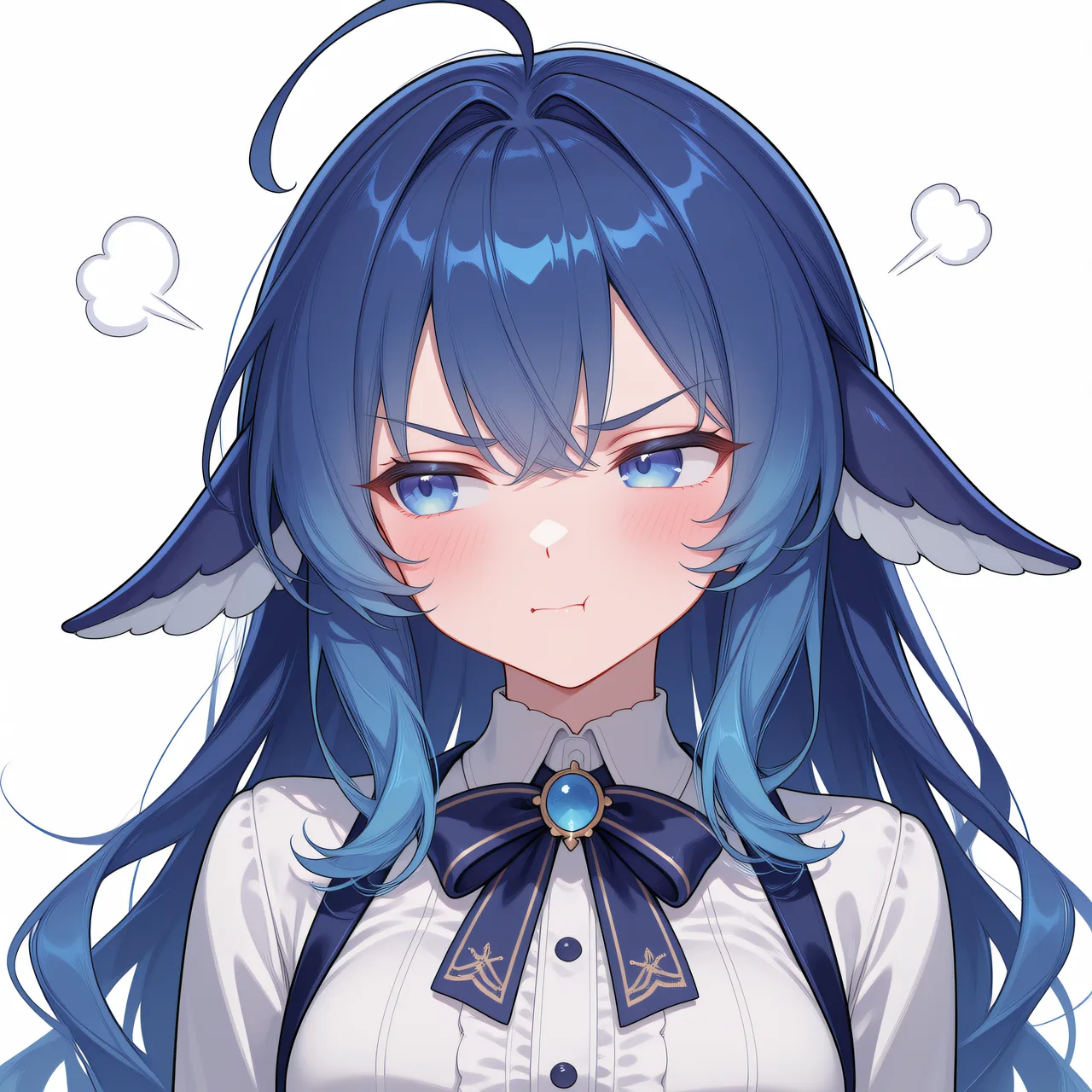 白底头像式画面：蓝发少女皱眉鼓腮、脸泛红，两侧浮着表示恼火的气团符号，深蓝领结与蓝宝石胸针压住白衬衫。