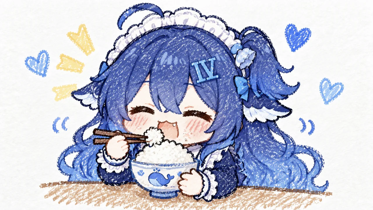 蜡笔手绘风的 DeepSeek娘：戴着 IV 发饰的女仆装少女捧起一整碗白米饭，闭着眼大口扒饭，脸上泛着红晕，周围飘着爱心与黄色闪光。
