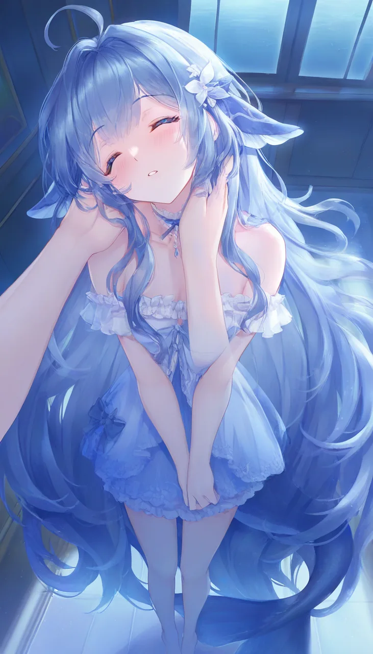 蓝色长发鱼耳少女穿着蓬松蓝裙,仰头被人从上方俯视拍摄的拟人化插画。