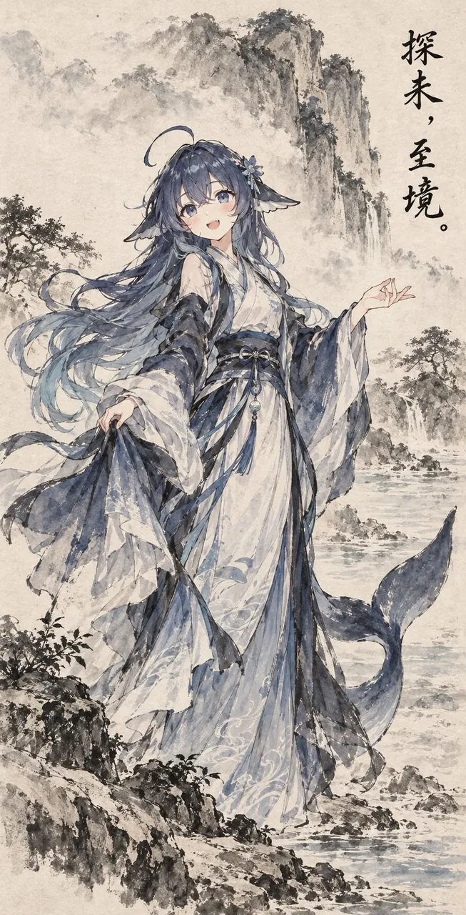 水墨画风的蓝发鲸鱼娘立于山崖水畔，身着灰蓝国风长裙，耳鳍与鲸尾显露，右上角题有“探未，至境”四字。