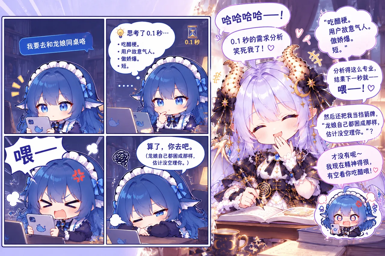 多格漫画：左侧四格依次是 DeepSeek娘说要去和龙娘同桌、用 0.1 秒做完需求分析、被一声“喂——”喊住、最后叹气说“算了，你去吧”；右侧一整幅画着托腮大笑的金角龙娘，桌上摊着写了同一份分析的笔记本与咖啡，四周漂浮着调侃 DeepSeek娘吃醋的旁白气泡。