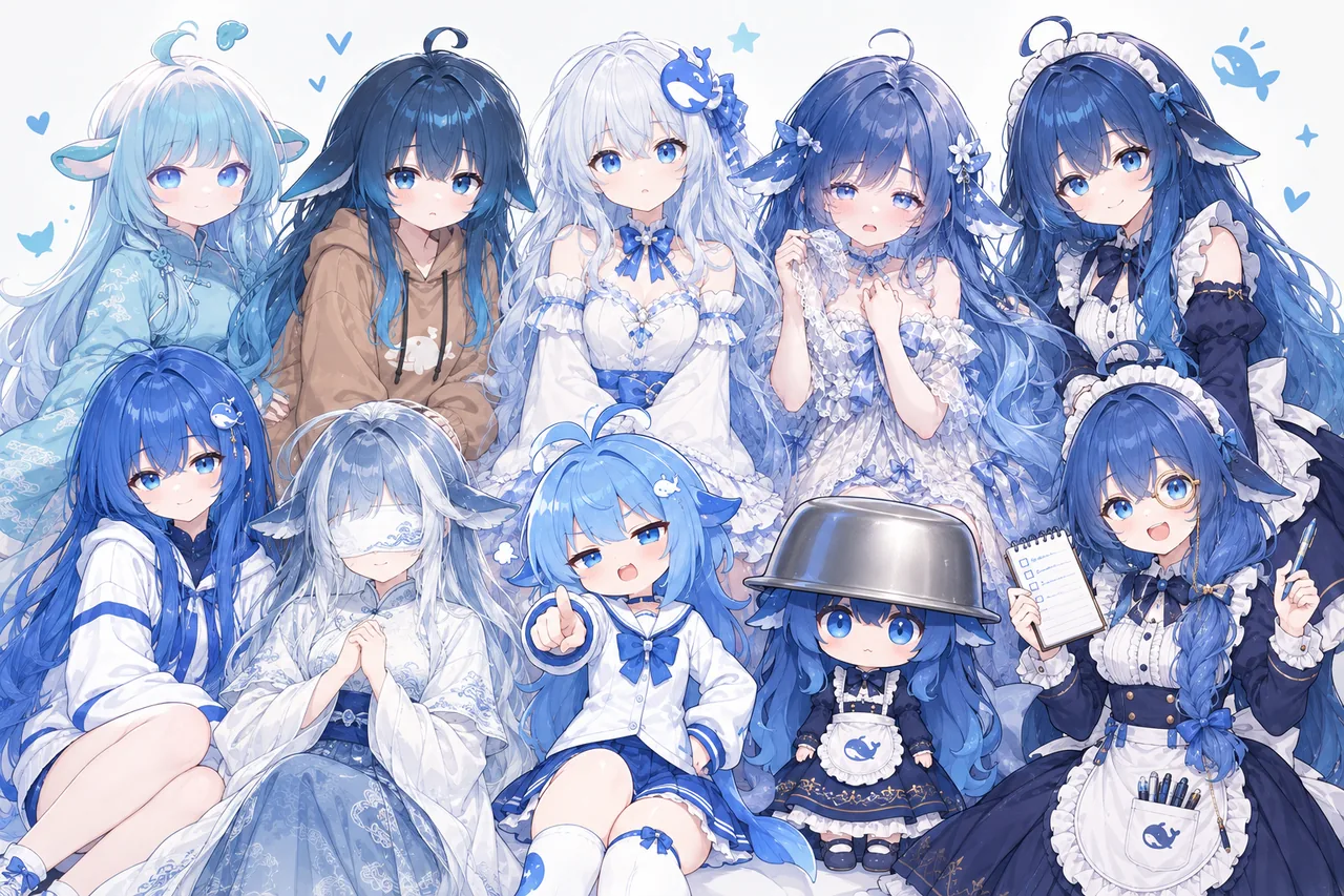 十位造型各异的DeepSeek娘同框合影，涵盖汉服、水手服、女仆装、连帽衫等多种风格。
