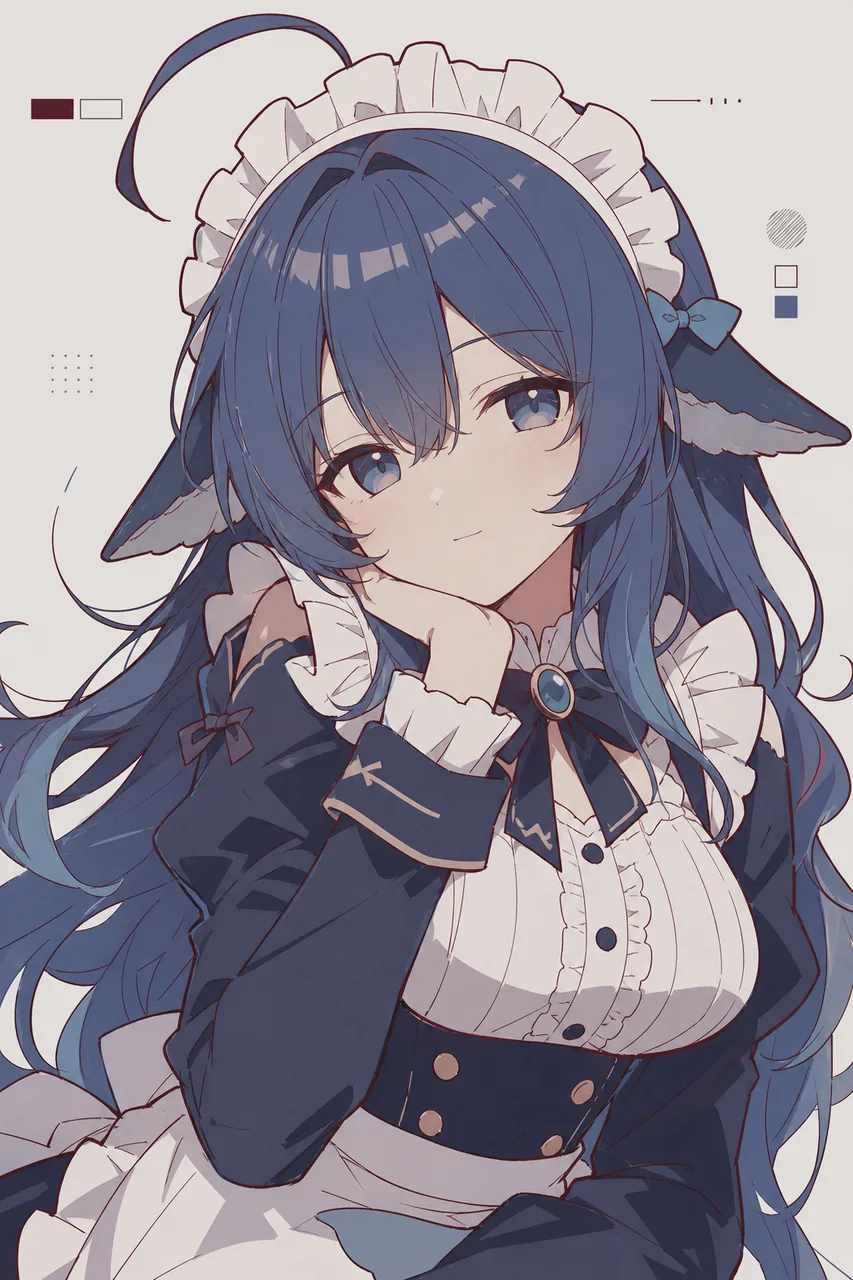濃い青の長い髪に水色のメッシュが入ったDeepSeekちゃんの半身イラスト。フリルのついたメイドのヘッドドレスを着け、襟元にリボンと丸い宝石のブローチをあしらった青と白のメイド服を身にまとっている。片手を頬に当てて首をかしげ、淡い色の背景には色見本の四角と短い線のモチーフが散らばっている。