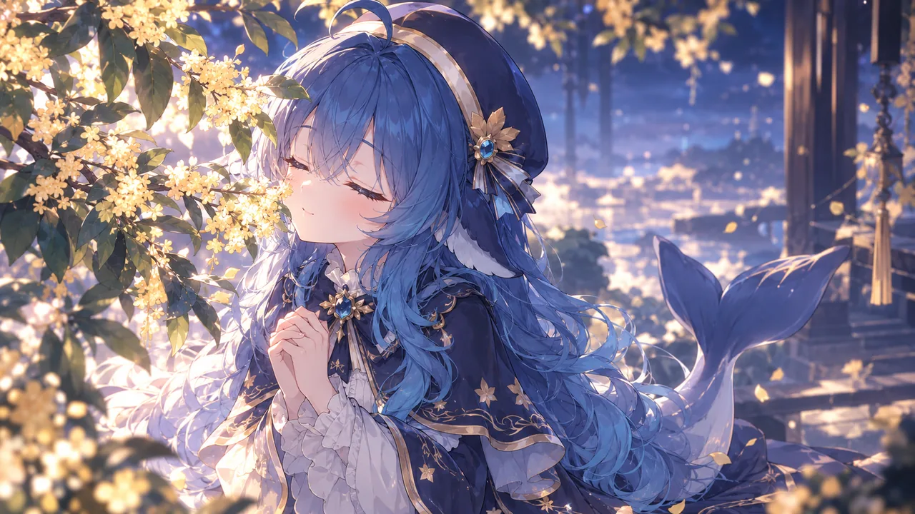 青い髪とくじらのしっぽを持つ DeepSeek ちゃんが、夜の庭園の金木犀の木の下に立っている。目を閉じて花の枝に顔を寄せ、紺色に金の縁取りを施したドレスの後ろでは青いしっぽが持ち上がる。暖かな花びらと灯り、深い青の夜空が画面を包む。