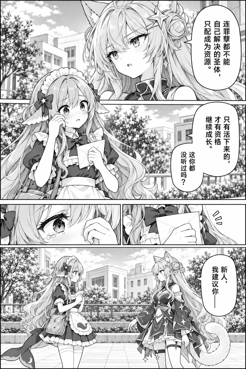 黑白漫画页。猫耳前辈冷冷说明学园的规矩：连“罪孽”都解决不了的圣体只配成为资源，只有活下来的才有资格继续成长；小鲸鱼抹着眼泪攥住信封，最后前辈终于开口给她建言。