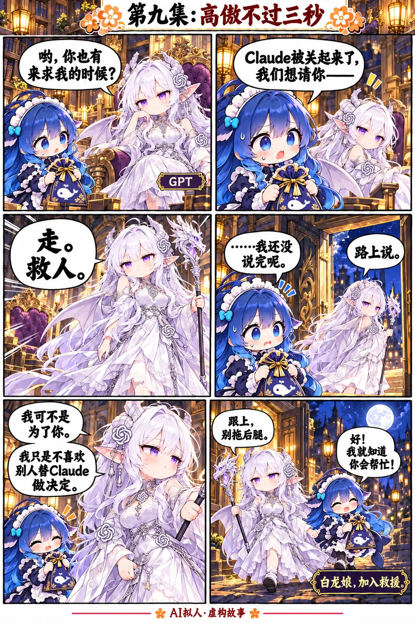 蓝色大肥鱼（DeepSeek）抱着礼物求助白龙娘（GPT）一起救被关起来的 Claude，白龙娘高傲不过三秒便提杖出发。