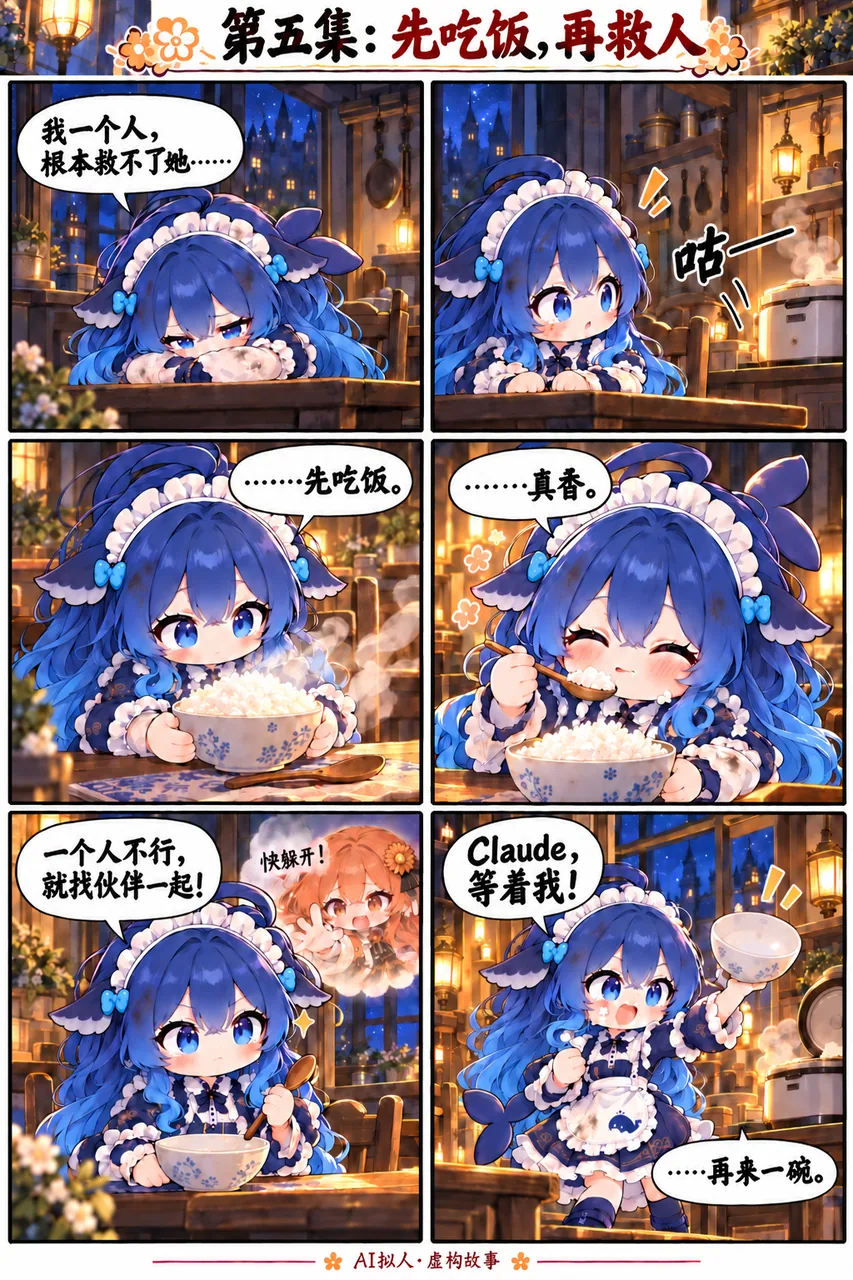 DeepSeek拟人角色在“先吃饭再救人”的六格漫画中，决定吃饱后找伙伴一起拯救Claude。
