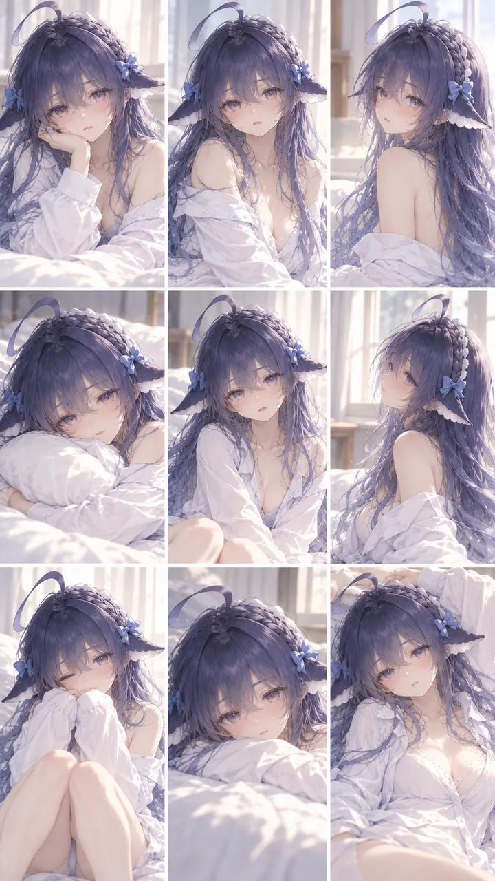 A nine-panel illustration collage of DeepSeek Chan in a loose white pajama shirt, leaning on a bed with blue-and-white fin-shaped hair ornaments and blue ribbon bows. Morning light comes in from the window, and the panels show her resting her chin on her hand, hugging a pillow and dozing under the blanket.