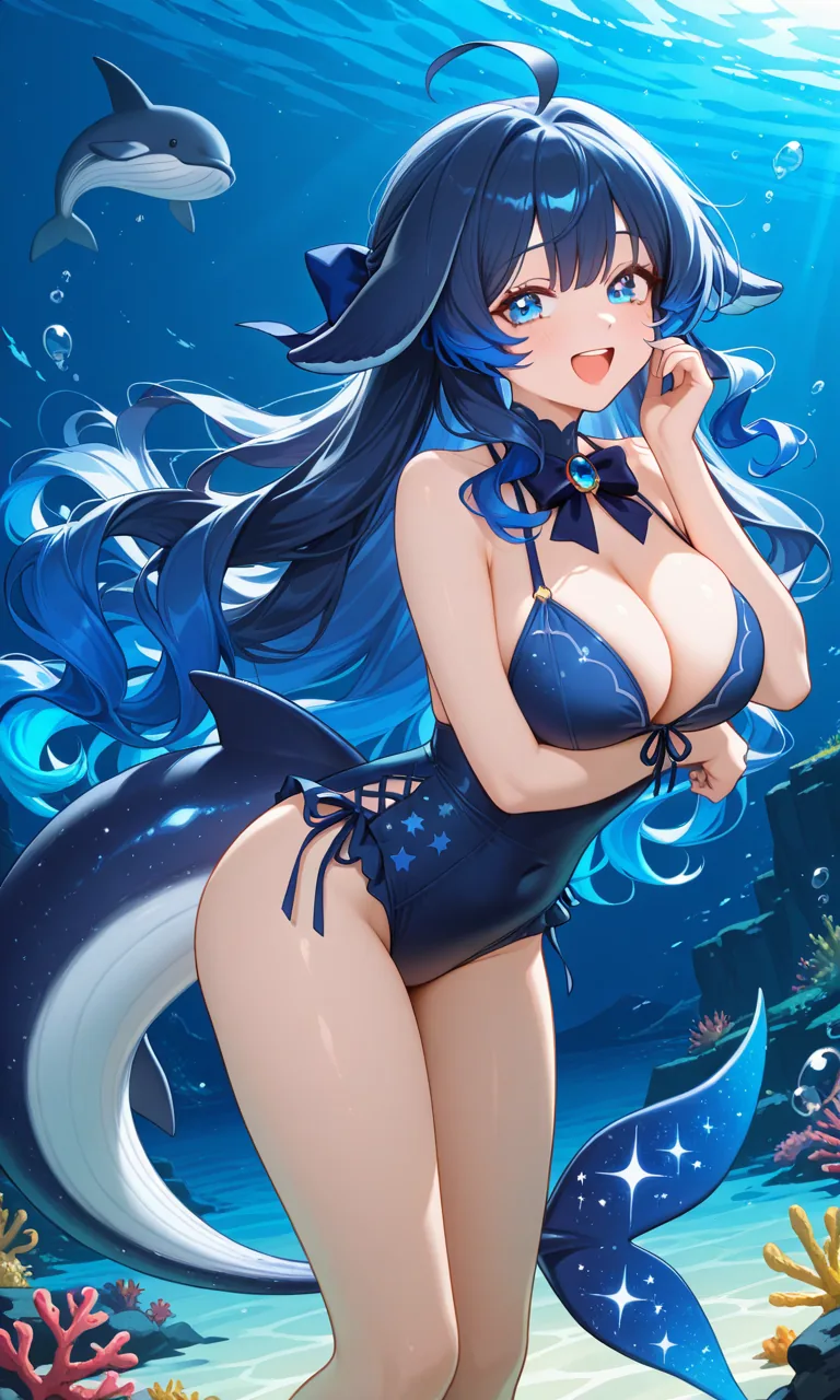 深海背景下、带鲸鱼尾与鳍耳的蓝发少女潜水中回眸微笑，呼应 DeepSeek 蓝色大肥鱼形象。