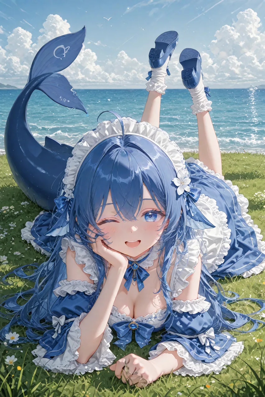 蓝发鲸尾少女趴在海边草地上托腮微笑，蓝白蕾丝裙配鲸鱼尾鳍，画风清爽可爱。