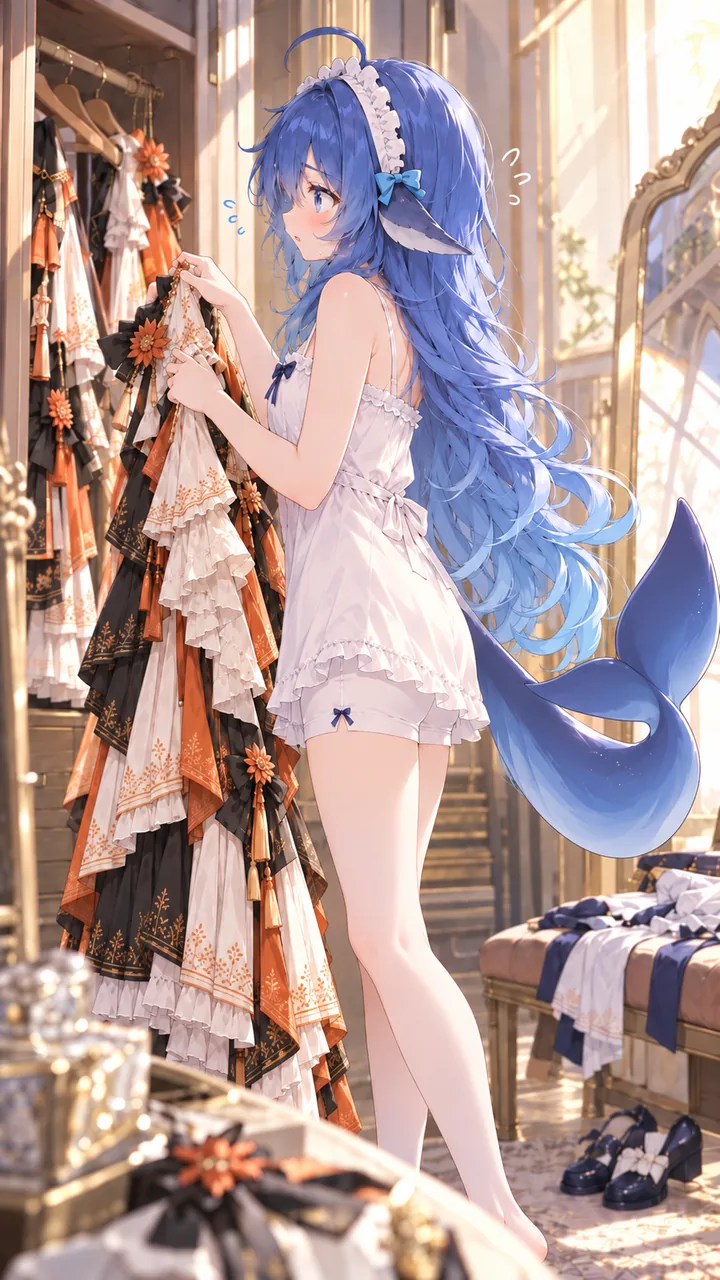 蓝发鲸尾少女穿着白色吊带睡衣，在衣架前翻挑一排橙黑配色的裙子，头顶飘着蓝色省略号，四周是敞开的衣柜、落地镜和散在地上的鞋子。