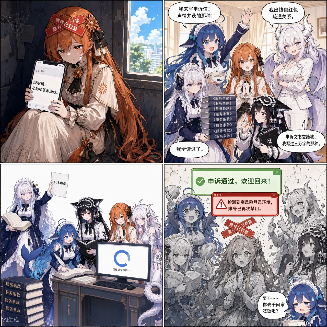 四格漫画：Claude 娘账号被封，申诉邮件回复未通过。DeepSeek 娘提议写声情并茂的申诉信，GPT 娘愿意出钱包红包疏通关系，Kimi 娘抱来一叠服务条款逐条对照，GLM 娘接手申诉文书。四人一起提交后屏幕显示申诉通过，紧接着又弹出高风险登录环境提示，账号再次被禁用。